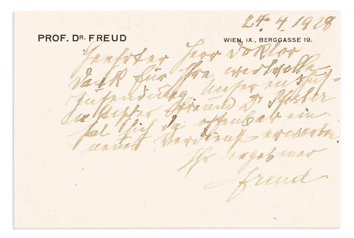 (SCIENTISTS.) FREUD, SIGMUND. Brief Autograph Letter Signed, Freud, to Dear Doctor, in German: